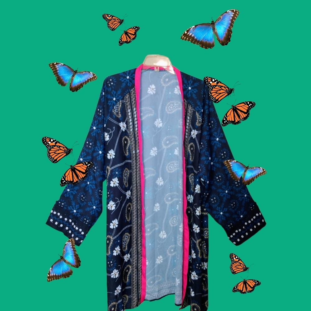 Boho Kimono, Coverup, Robe, Beach Kimono Dark Blue w/Florals and Shapes Size 5XL